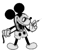 a black and white cartoon of mickey mouse with a pen in his mouth