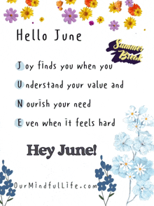 a greeting card with flowers and the words hello june and hey june