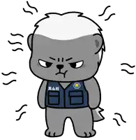 a cartoon drawing of a bear wearing a vest that says ' korean police ' on it