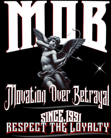 a black and white poster with a cupid holding a bow and arrow and the words mjb
