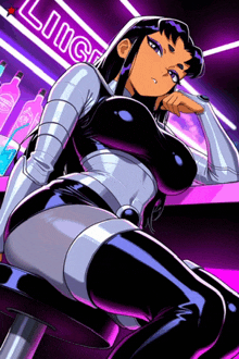 a cartoon character is sitting on a bar stool in front of a sign that says liqueur