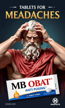 a statue of a man holding his head next to a box of mb obat