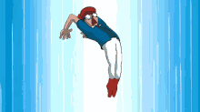 a cartoon of a man in a superhero costume jumping in the air .