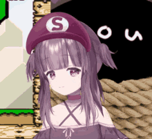 a girl with purple hair is wearing a red hat with a letter s on it