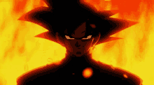 a cartoon character with glowing eyes is standing in front of a fire background