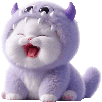 a white cat wearing a purple monster costume is sitting with its mouth open .