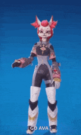 a cartoon character is standing with her hands on her hips in front of a blue background .