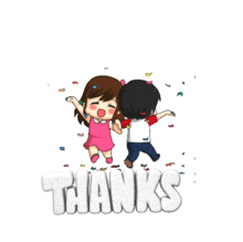 a cartoon of a boy and a girl celebrating with the word thanks in the background