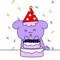 a purple bear wearing a party hat is blowing out a candle on a cake