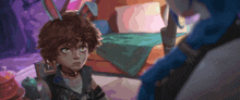 a pixel art of a boy with bunny ears talking to a man