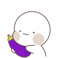 a cartoon of a person holding a purple eggplant with korean writing behind him