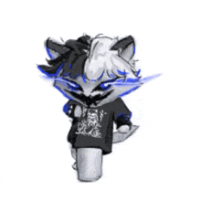 a drawing of a cat wearing a black shirt and a blue sweater .