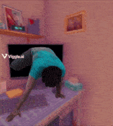 a person is doing push ups in front of a computer screen that says " viggle.ai "