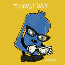 a cartoon of a water bottle drinking from a cup with the words thirst day written below it