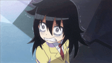 a cartoon girl with black hair and a yellow jacket and tie has a surprised look on her face