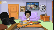 a cartoon of a man sitting on a couch talking on a phone with comedy central in the background