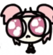 a cartoon character with pink ears and big pink eyes is looking at the camera .