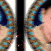 a blurry picture of a person 's face with a blue and brown circle