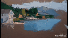 a painting of a house on the shore of a lake is made in animotica