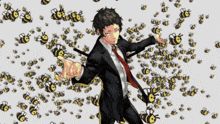 a man in a suit and tie is surrounded by a bunch of bees