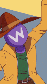 a cartoon character with a hat and a purple head with a white letter w on it