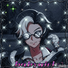 a picture of a boy with glasses and a snake with the words babygirl in pink