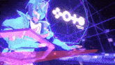a cartoon character is playing a video game with the word o + o + o visible in the background