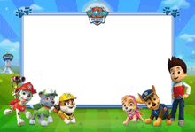 a picture frame with paw patrol characters standing around it