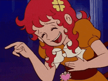 a cartoon girl with red hair and a flower in her hair is pointing