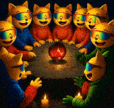 a group of cartoon cats wearing goggles are sitting around a table with candles