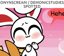 a cartoon of a bunny with a red speech bubble that says " heh "