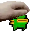 a hand is holding a green pixelated frog .