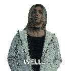 a man wearing a choker and a white jacket with the words well written on it
