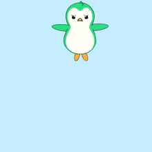 a green and white penguin with a yellow beak and orange feet