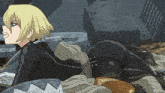 a cartoon character with blonde hair and a black suit