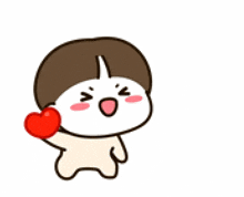 a cartoon character is holding a red heart in his hand and a red heart is flying in the air .