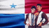 two men are standing in front of a flag with a blue star on it
