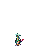 a pixel art of a person holding a sword with a pink lightning bolt coming out of it