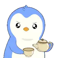 a penguin is pouring water into a cup with an exclamation point above it