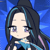a cartoon drawing of a girl with long black hair and blue highlights