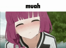 a girl with purple hair is making a funny face with the word muah above her