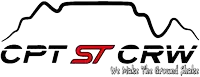 a logo for cpt st crw with a mountain in the background