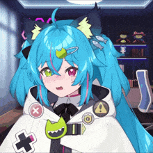 a cartoon character with blue hair and a white cape has a warning sign on her shoulder