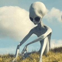 a gray alien is kneeling down in a field of grass .