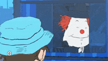 a cartoon drawing of a clown with a red nose