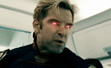 a close up of a man with red eyes