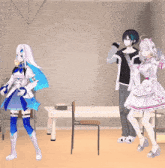a girl with a cross on her dress is dancing with two other girls