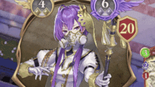 a girl with purple hair is holding a shield with the number 20