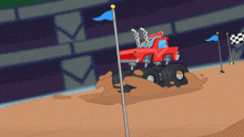 a cartoon monster truck is driving down a dirt road