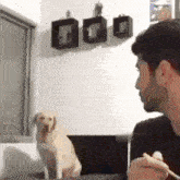 a man is smoking a cigarette while a dog looks on